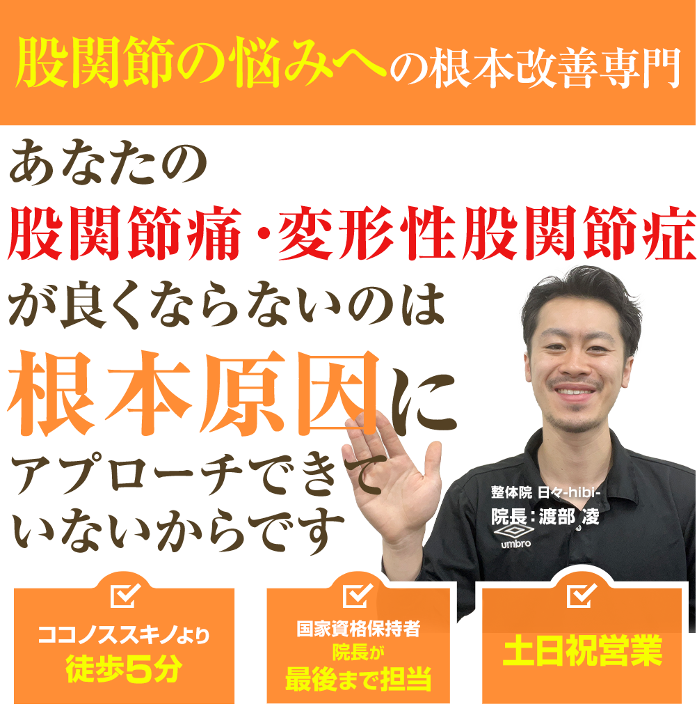 股関節の悩みへの根本改善専門 あなたの股関節痛・変形性股関節症が良くならないのは根本原因にアプローチできていないからです。