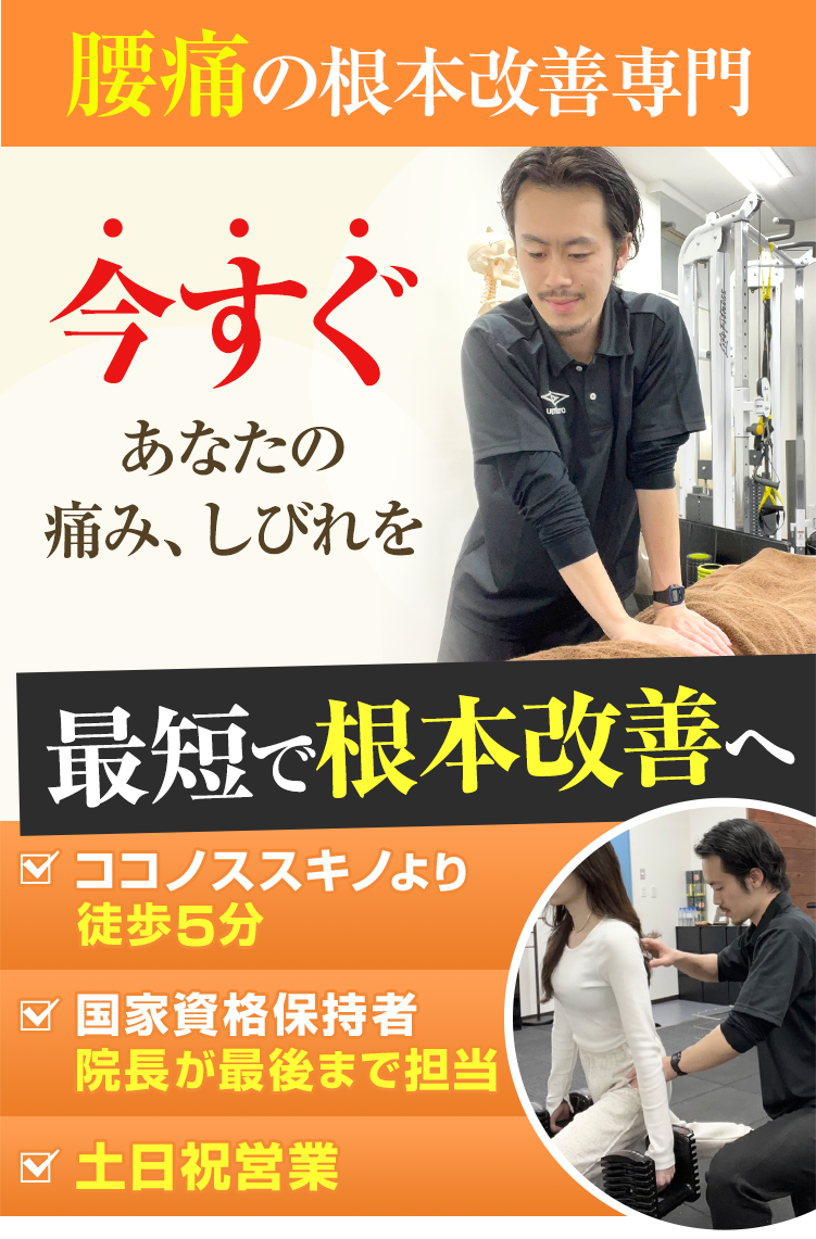 腰痛の根本改善専門　あなたの腰痛が良くならないのは根本原因にアプローチできていないからです。 今すぐあなたの痛み、しびれを最短で根本改善 ココノススキノより徒歩5分　国家資格保持者院長が最後まで担当　土日祝営業